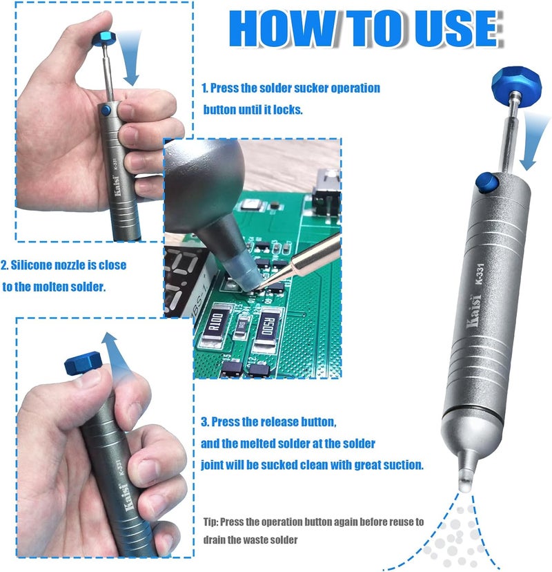 Kaisi Solder Sucker No Clog Desoldering Pump with Powerful Vacuum Suction Replaceable Heat Resistant Silicone Tube for Cooperate Soldering and Desolder Gun Iron Tool Conduct Solder Removing - Image 4